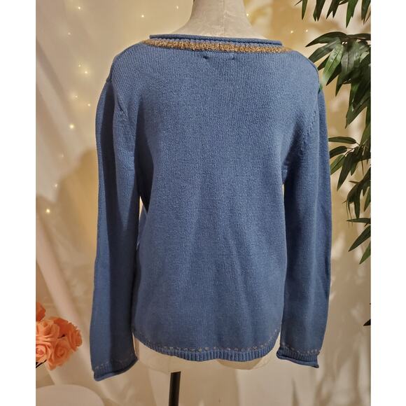 Vtg Christopher & Banks Hand Embroidered Moose Sweater Size XL Cabin Wool Blue - Picture 3 of 12